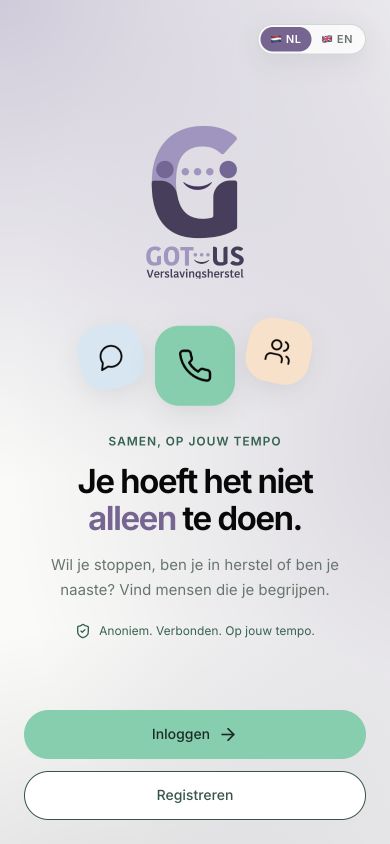 Het Got-Us startscherm met het paarse logo en de boodschap: je hoeft het niet alleen te doen
