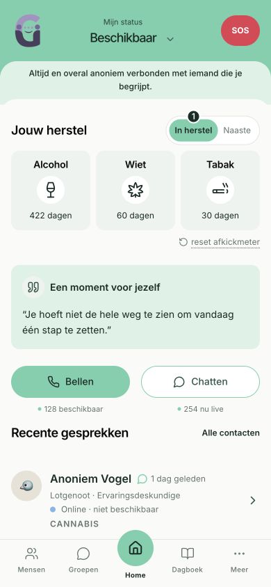 Home met herstelmeters en opties om te bellen en chatten