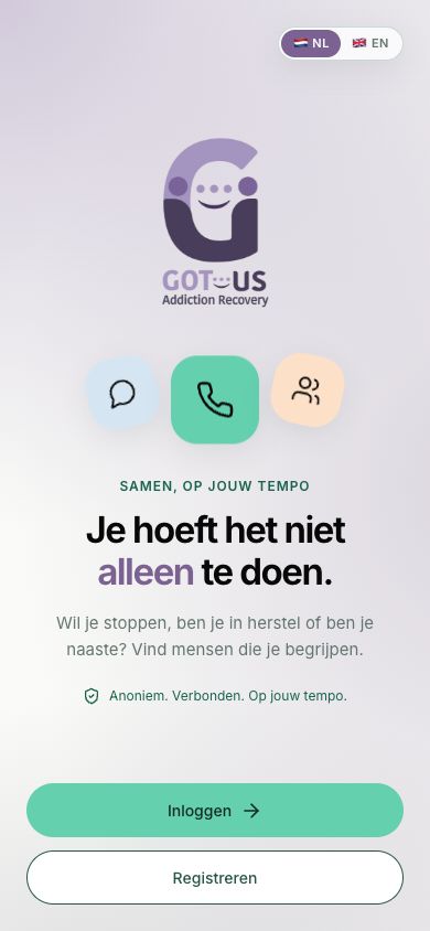 Het Got-Us startscherm met het paarse logo en de boodschap: je hoeft het niet alleen te doen